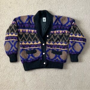 Icelandic Design Mohair Wool 90s Geometric Fair Isle Shawl Cardigan Black Lined